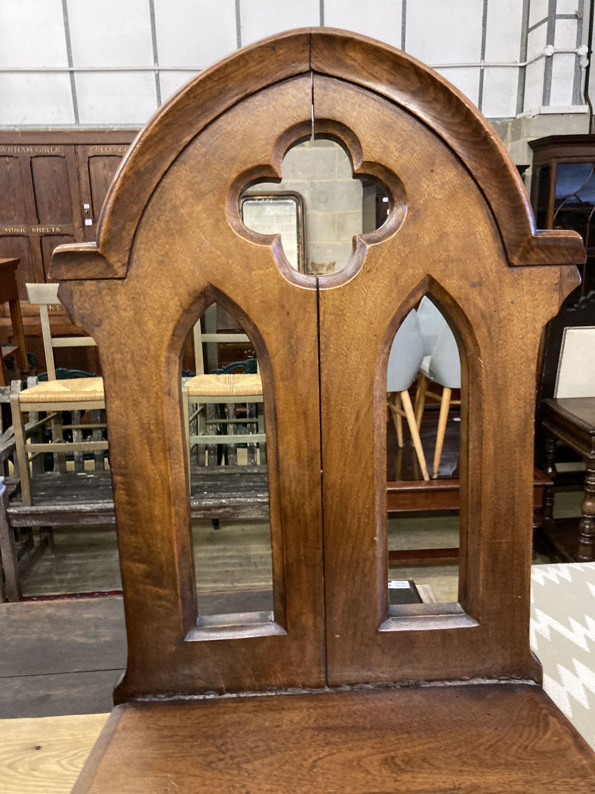 A nest of two painted rectangular tea tables and a Victorian Gothic style walnut hall chair